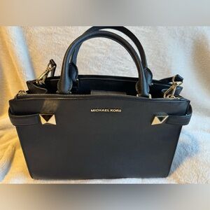 Michael Kors Karla Medium EW Leather Satchel Bag, Black/ Gold